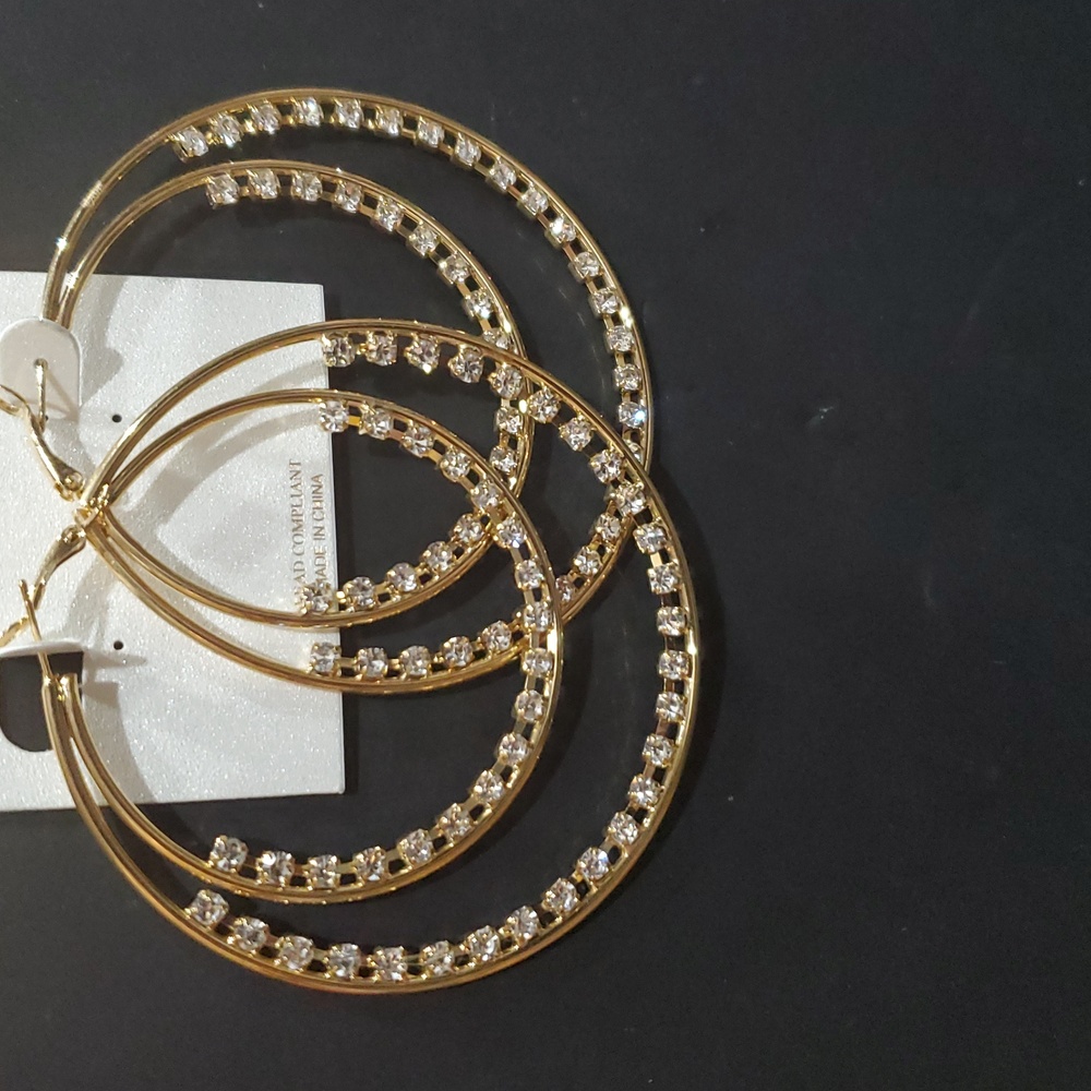 Natasha couture gold tone cz crystal rhinestone studded double hoop earrings new - Picture 2 of 10